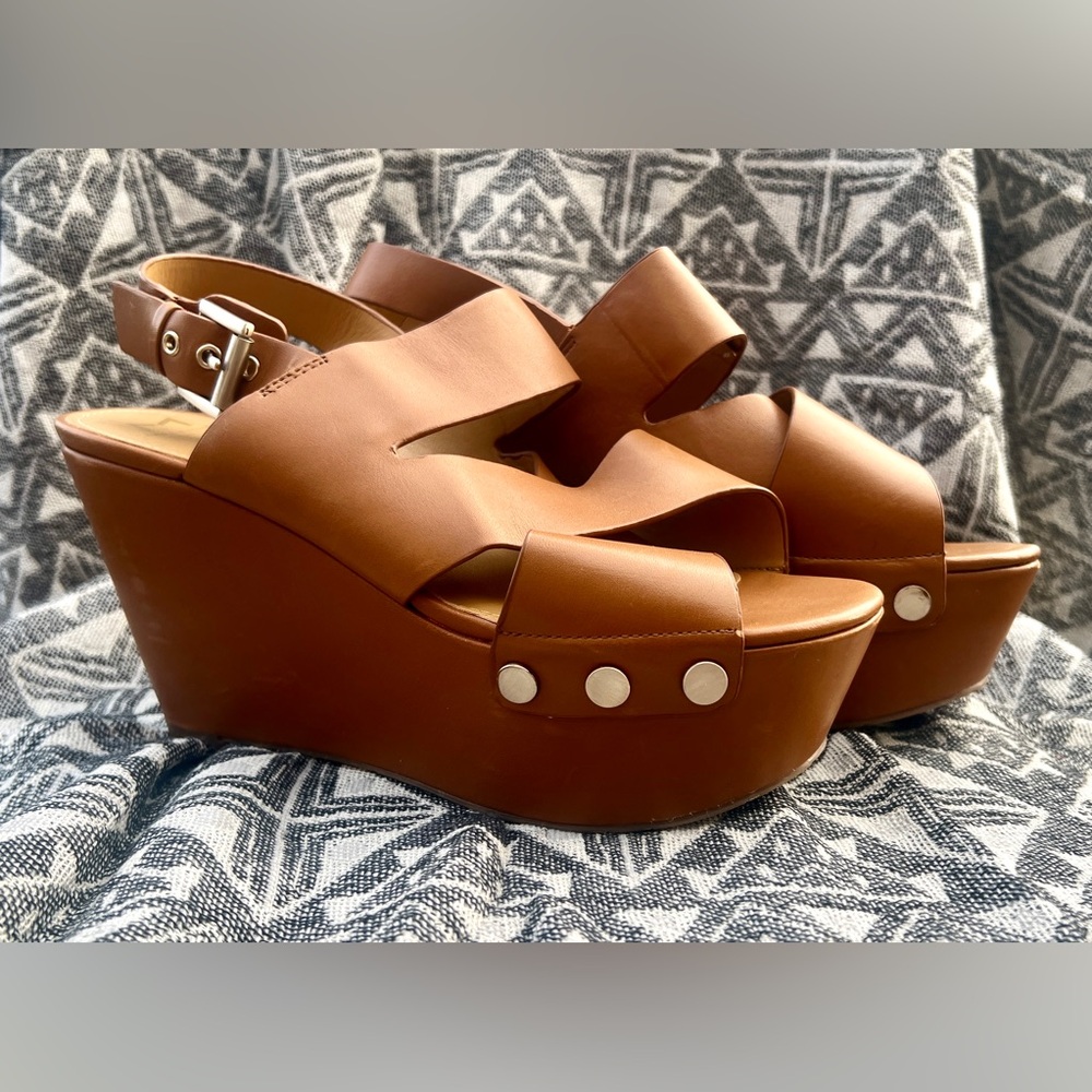 Marc Fischer Cognac Leather Platform Wedge Sandals! Sz 7.5! Rise Above!